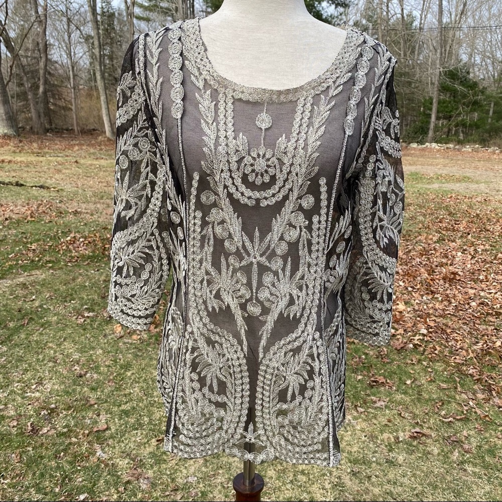 ULTRA PINK TOP BLOUSE BLACK SHEER GOLD METALLIC LACE BOHO FLORAL TAG M FITS S